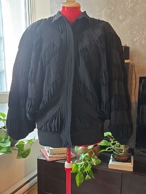 Vintage Silk Black Textured Puff-Sleeve Bomber Jacket